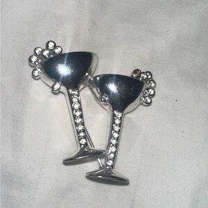 Silver Martini Glass Brooch Pin with Clear Crystal Accents - Women